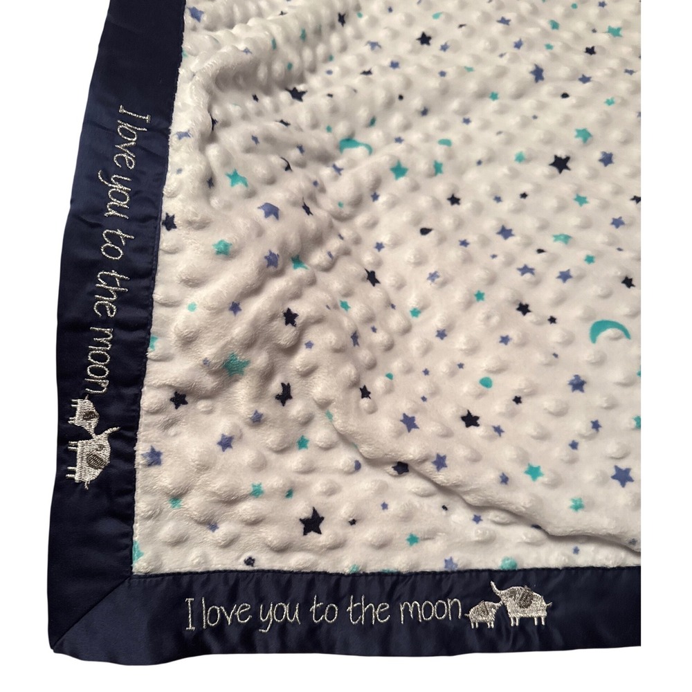Just Born Minky Baby Blanket  Navy Trim Elephants Love You To The Moon  28 x 40"